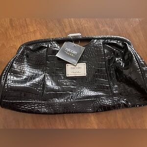 Nicole by Nicole Miller Black Faux Crocodile Patent Leather Clutch